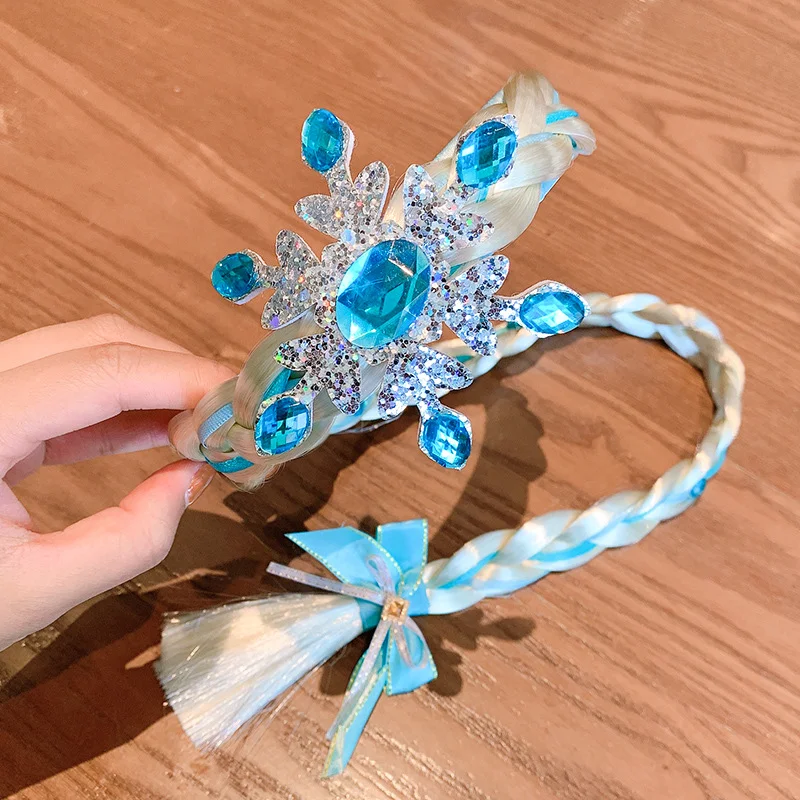 Frozen Princess Elsa Children's Headband Headdress Baby Girls wig Long Braid Princess Bow Hair accessory - Image 3