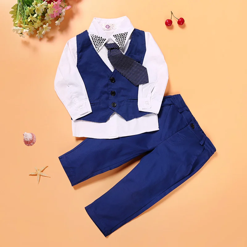 Blue smart boys suits/Children's wear gentlemen boys suits/ tie + vest + shirt + pants 4 pieces - Image 2