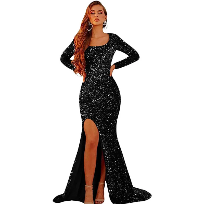 ONLY ORDER ONLINE Sequin velvet elegant mid-sleeved multicolor oversized evening gown for PROM - Image 13