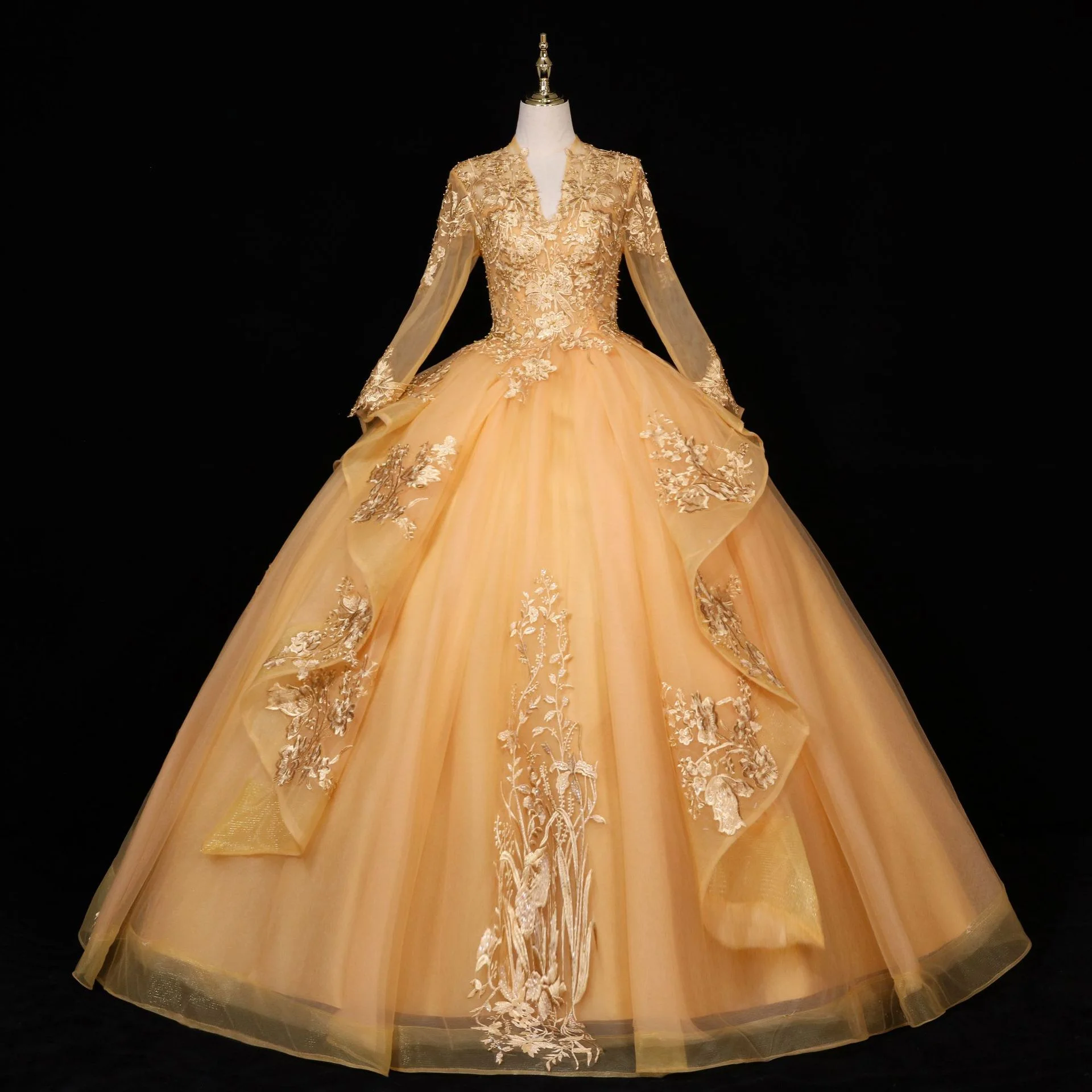 Wedding dress 2023 bride wedding yarn vocal solo performance test presided over the dress long sleeve dress - Image 2