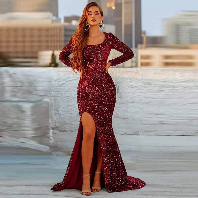 ONLY ORDER ONLINE Sequin velvet elegant mid-sleeved multicolor oversized evening gown for PROM