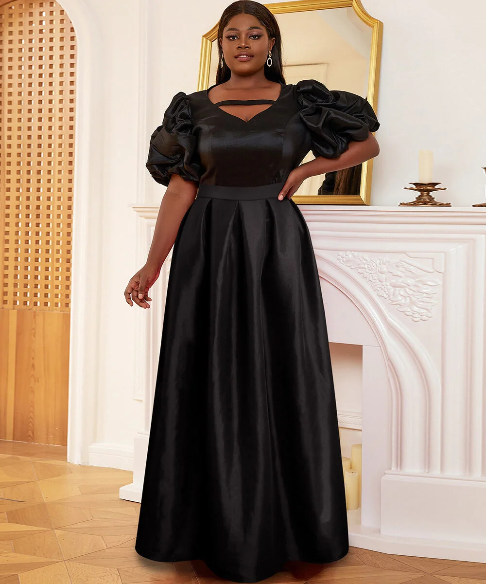 black V-neck lantern sleeve short top with basic Skirt suit
