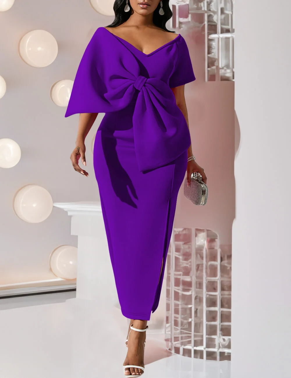 Sexy  elegant big bow split dress wrap hip dress European and American dress - Image 4
