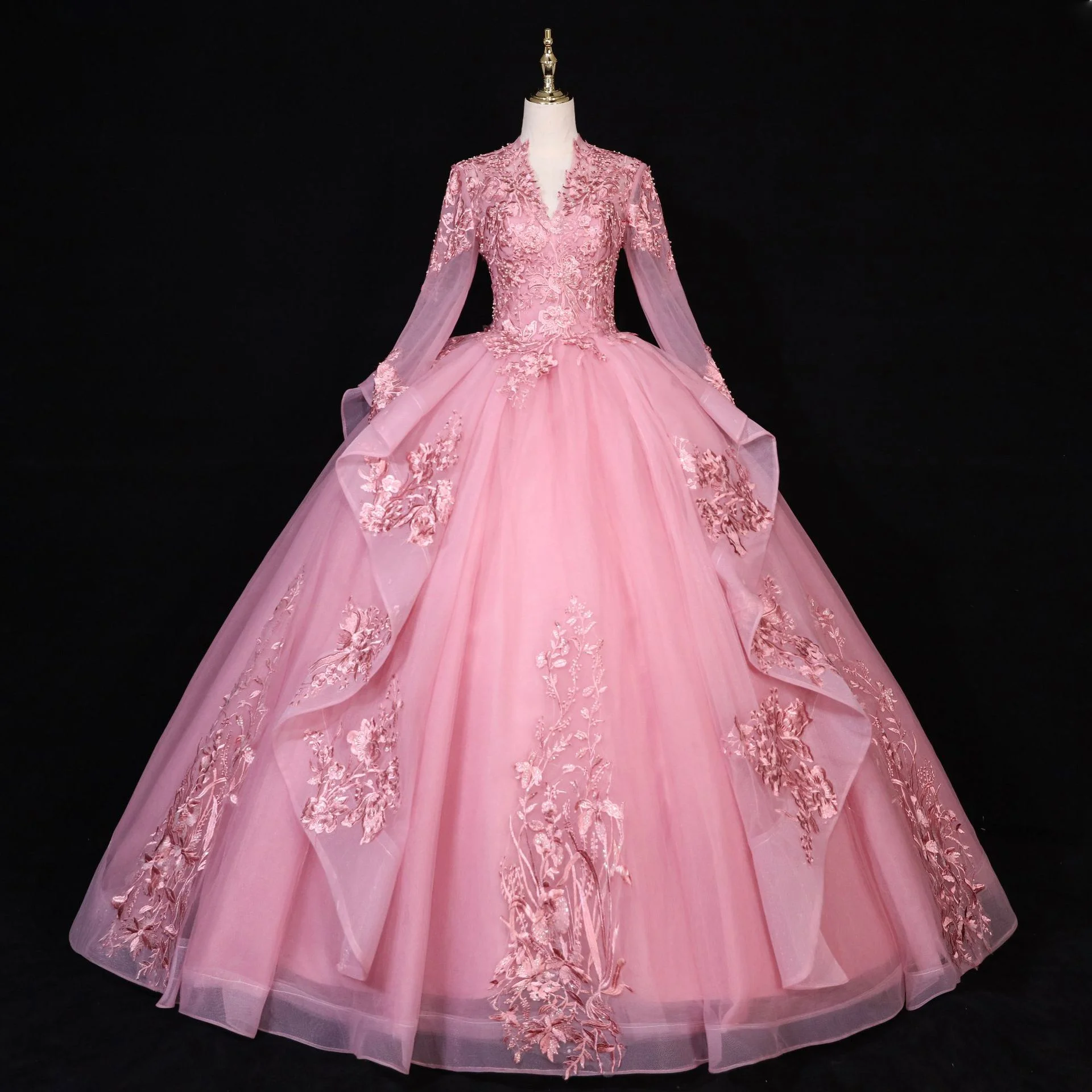 Wedding dress 2023 bride wedding yarn vocal solo performance test presided over the dress long sleeve dress - Image 4