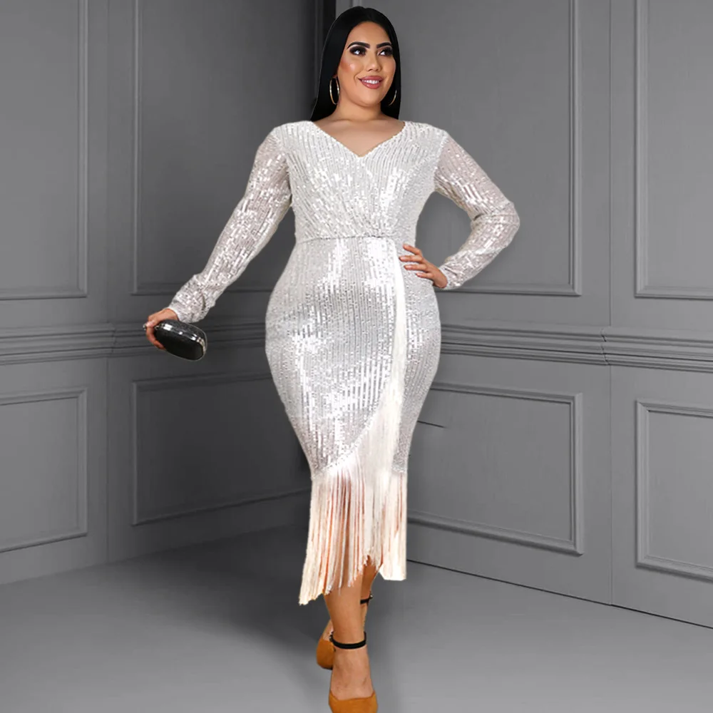 Plus-size sequin high-stretch evening dress Fashion V-neck slit fringe dress sequin dress - Image 2