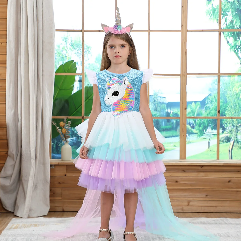 Girls Unicorn dress Princess dress Rainbow mesh ballet TUTU pompadour dress Halloween show costume - Image 4