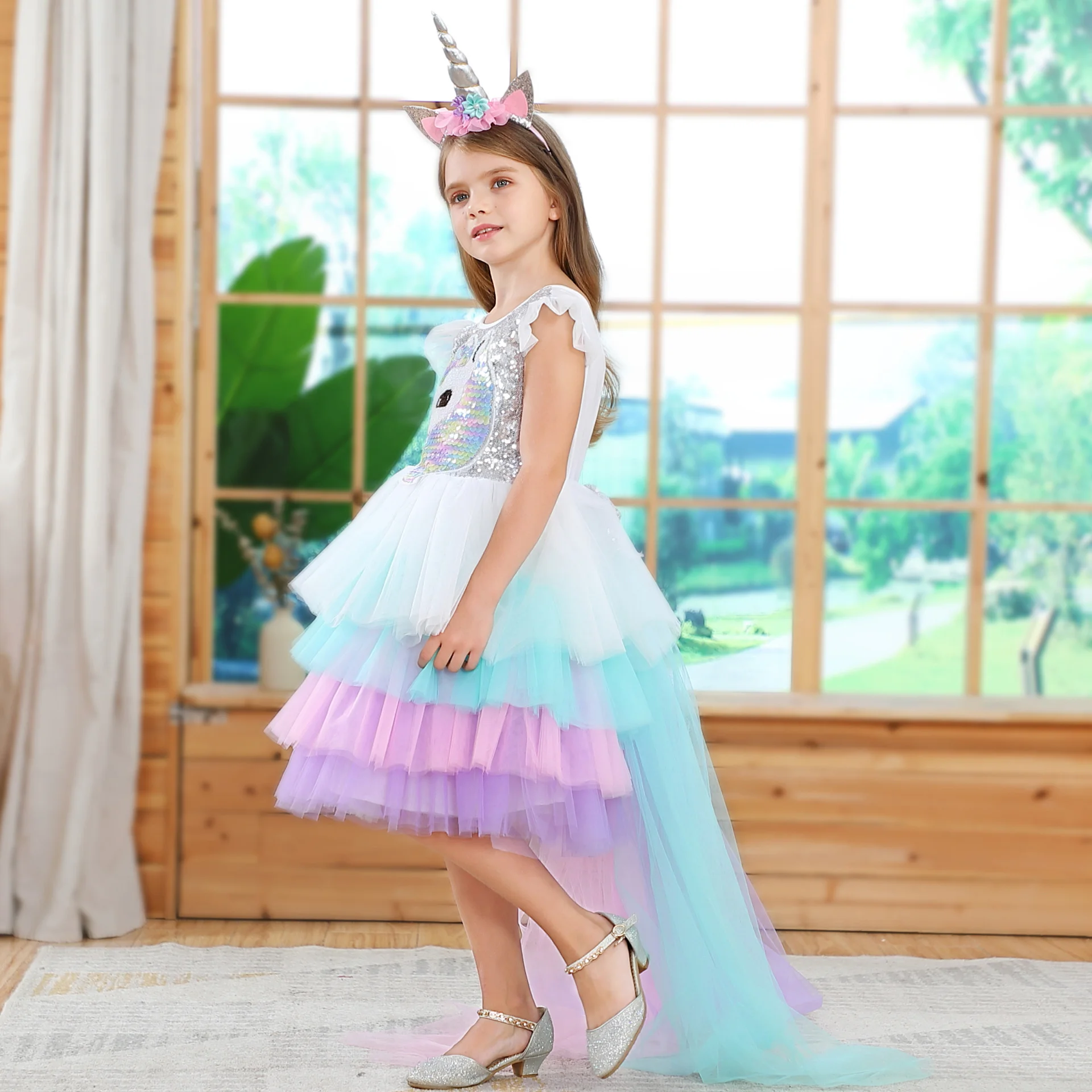 Girls Unicorn dress Princess dress Rainbow mesh ballet TUTU pompadour dress Halloween show costume - Image 3