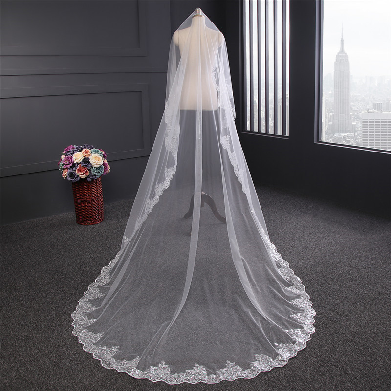 Veil HL23 new style bridal headdress veil 3m long chapel trailing sequined lace