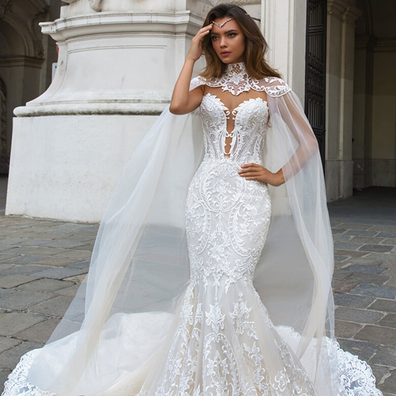 2025 new fantasy round neck slim fishtail lace wedding dress white bride trailing wedding dress two-wear activity shawl