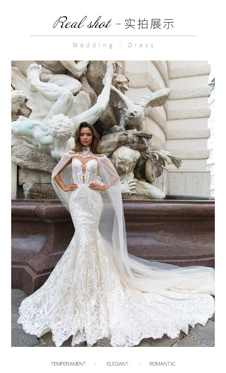 2025 new fantasy round neck slim fishtail lace wedding dress white bride trailing wedding dress two-wear activity shawl - Image 5