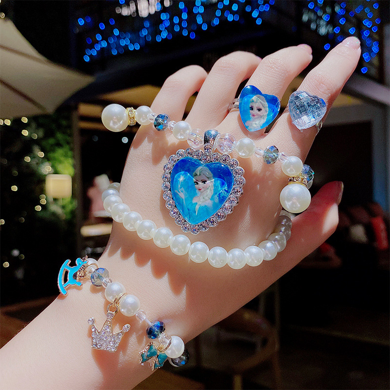8 pieces of Children's necklace jewellery, girls' princess, a cute cartoon ring bracelet set, hanging neck crystal beaded accessory