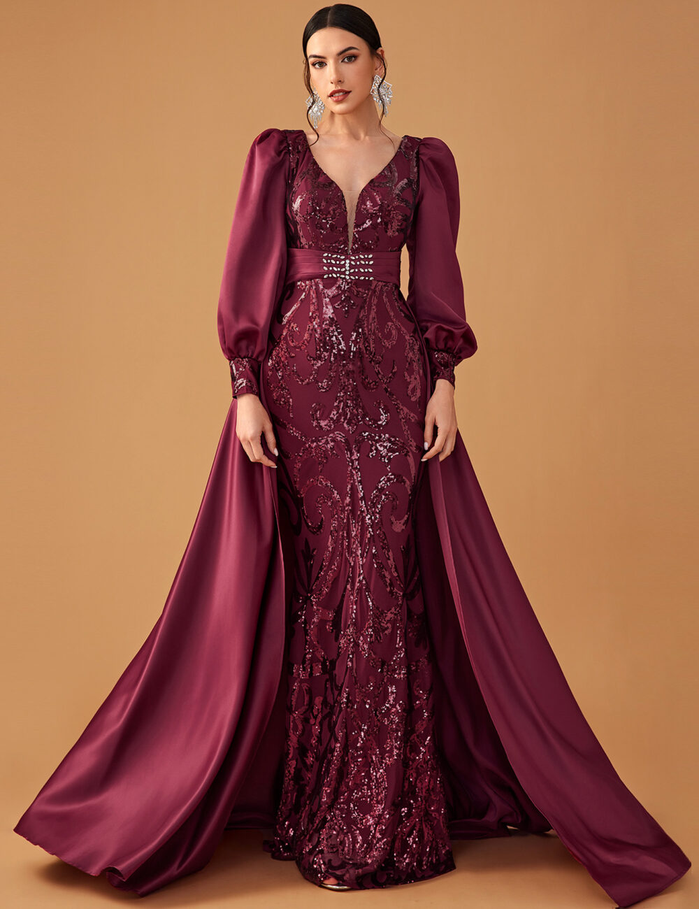 Women's Banquet Evening Dress Elegant Sequin Printed Satin Cape Lantern Sleeve Party Evening Dress