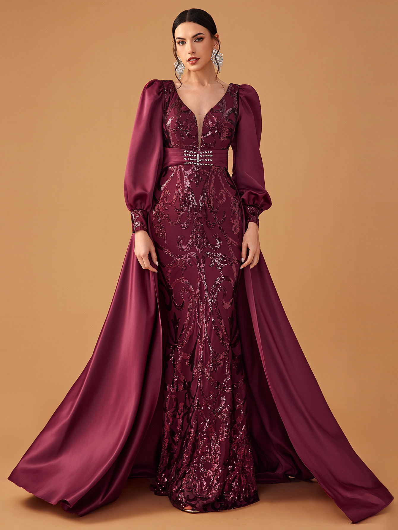 Women's Banquet Evening Dress Elegant Sequin Printed Satin Cape Lantern Sleeve Party Evening Dress