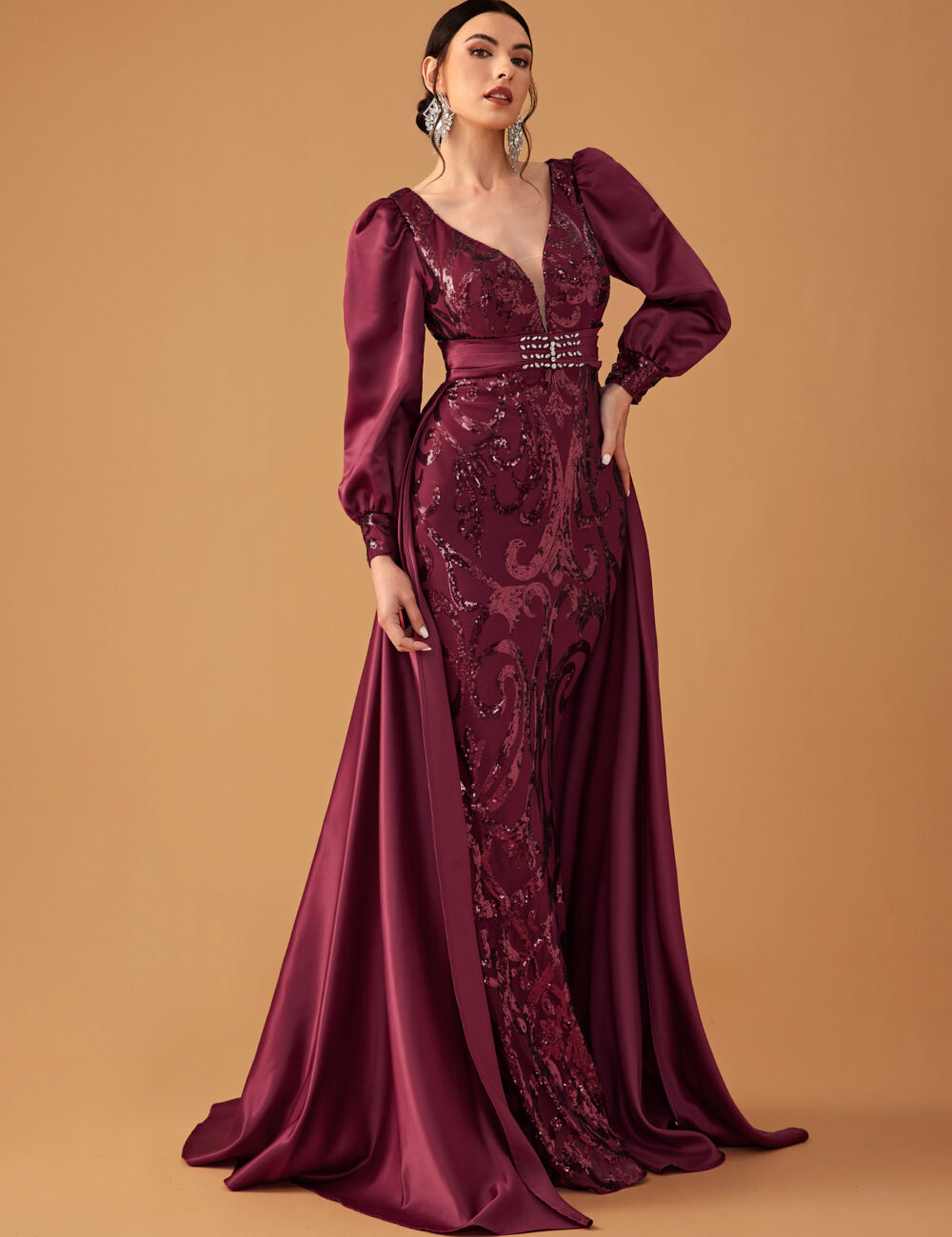 Women's Banquet Evening Dress Elegant Sequin Printed Satin Cape Lantern Sleeve Party Evening Dress - Image 2