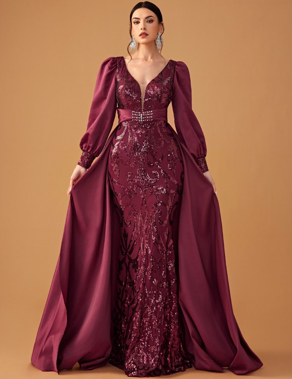 Women's Banquet Evening Dress Elegant Sequin Printed Satin Cape Lantern Sleeve Party Evening Dress - Image 6