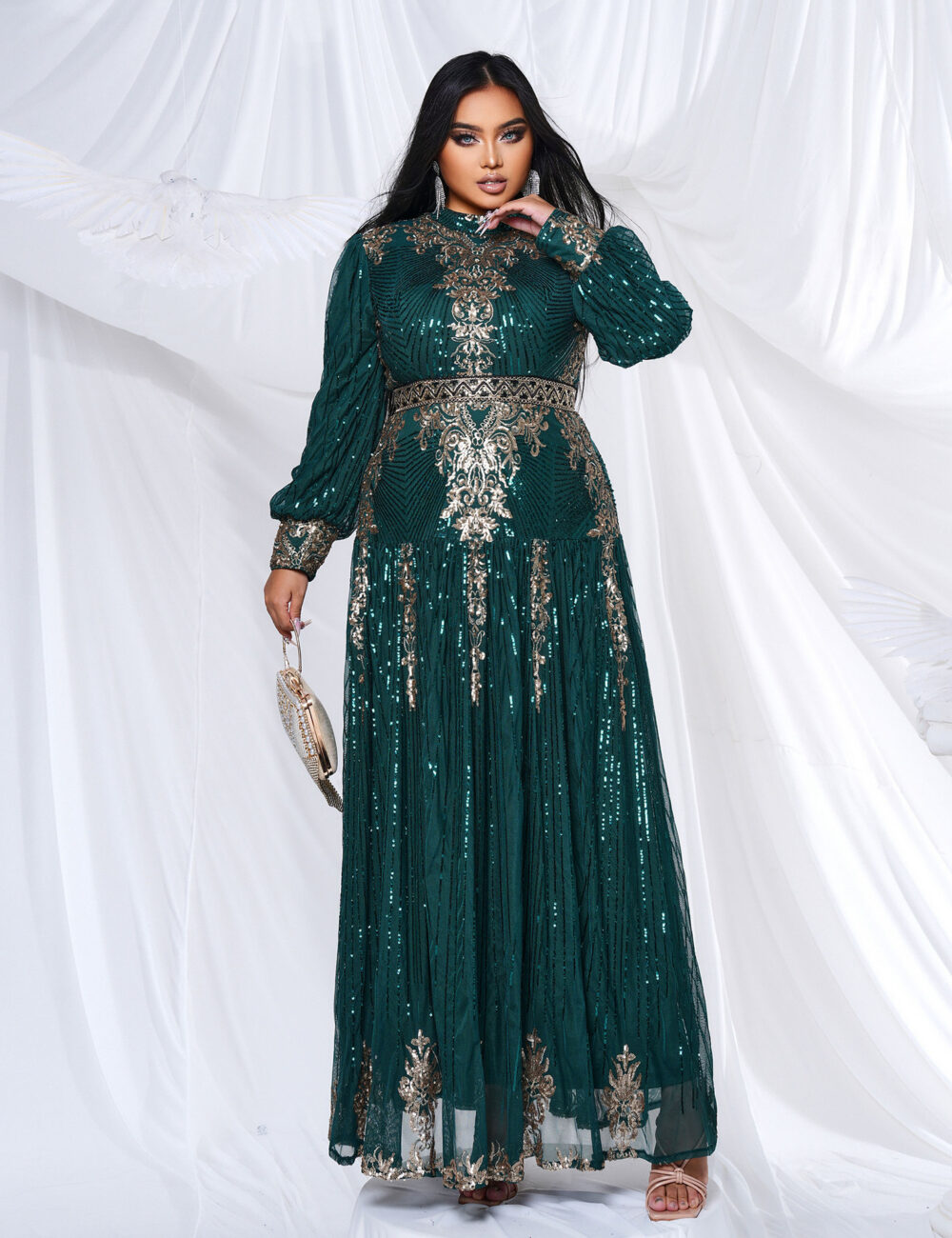 Plus-size women's long-sleeve round-neck banquet sequined swing evening dress - Image 2