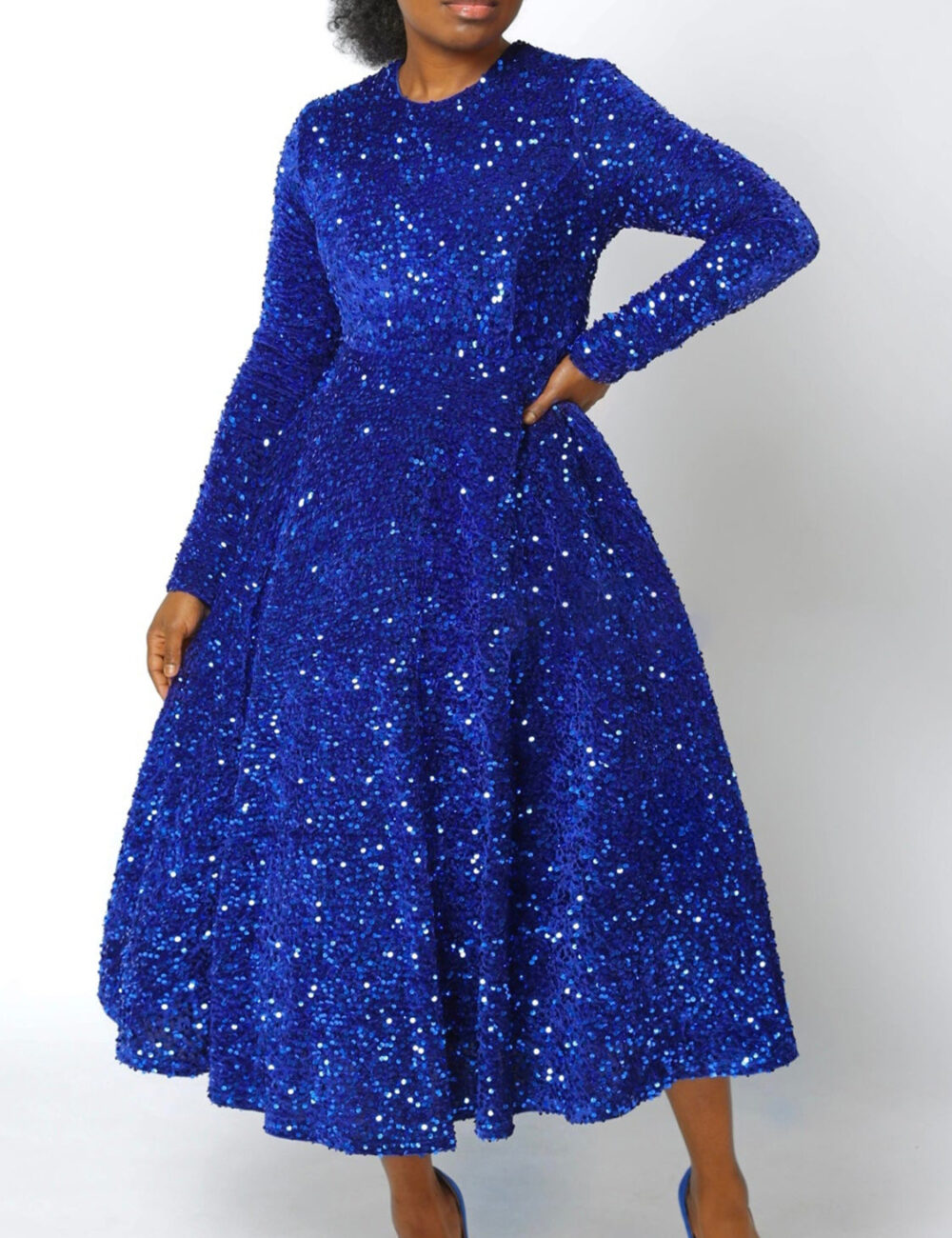 D469 New cross-border women's round neck long sleeves solid color sequins high waist temperament medium and long dress European and American dress - Image 3