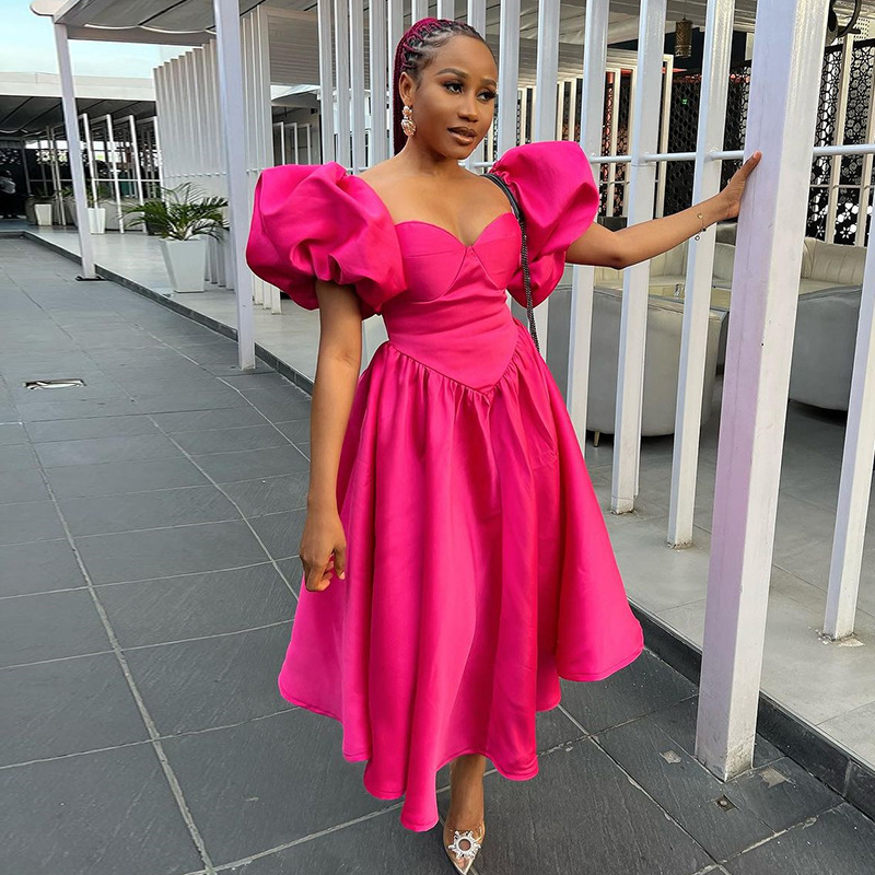 European and American foreign trade women's clothing 2025spring new fashion square neck puff sleeve solid color waist mid-length dress