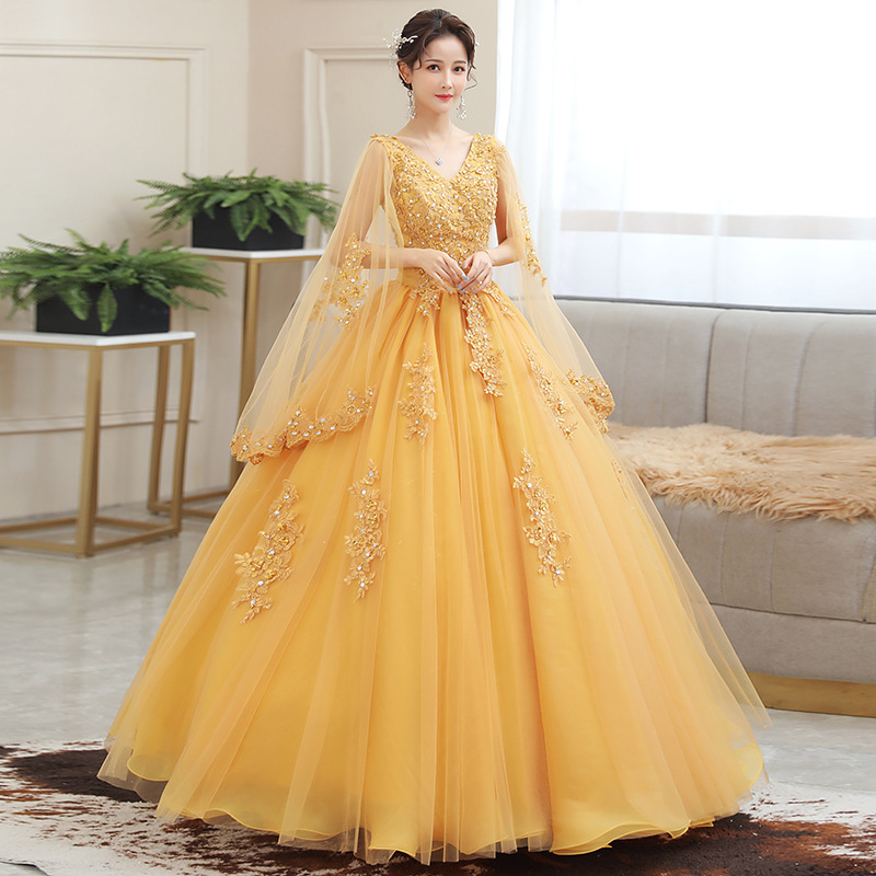 Colored yarn performance costume annual meeting host golden performance student vocal solo art examination puffy skirt long dress female