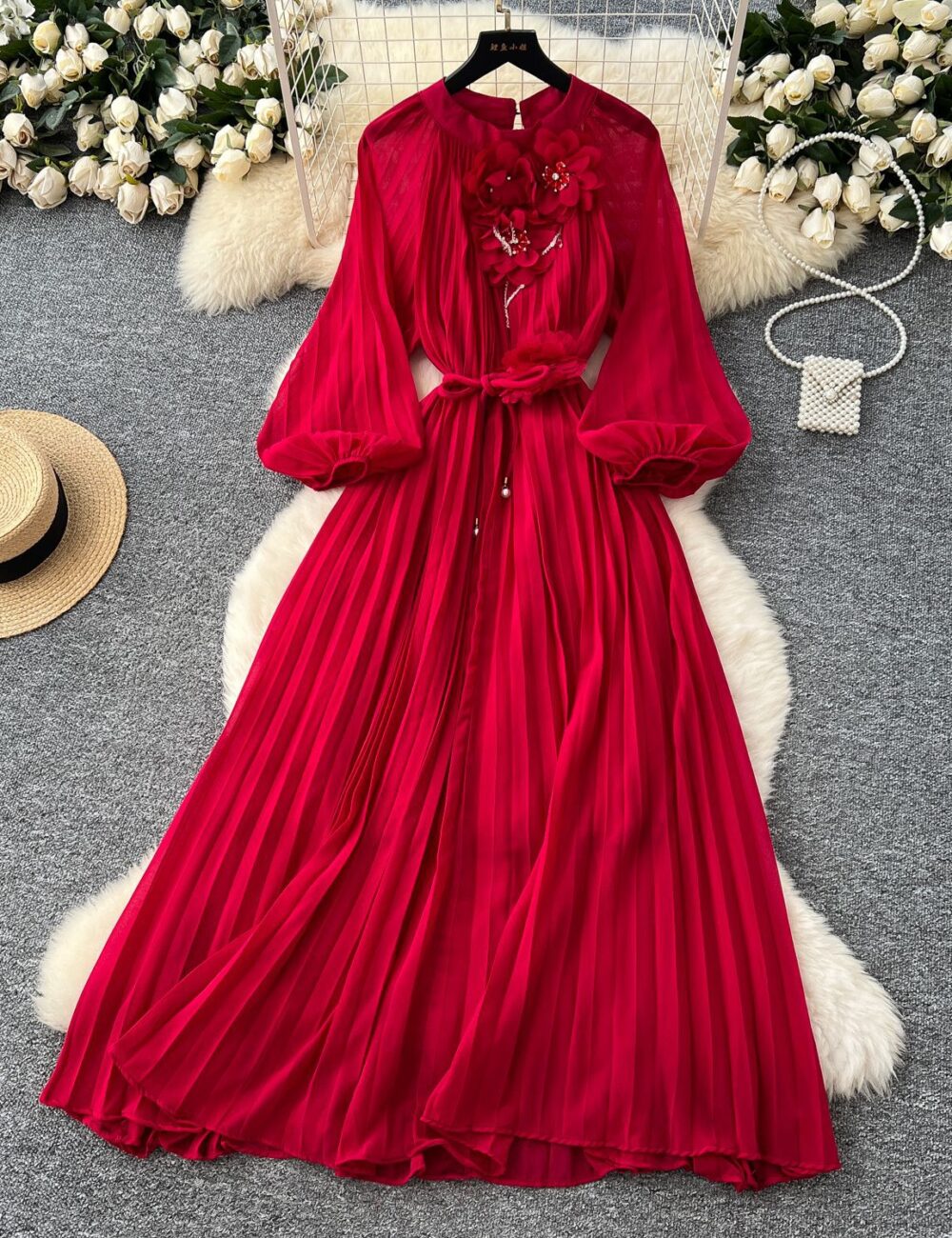 French high-end fashionable beaded three-dimensional flower lantern sleeve waist pleated dress female slim temperament long skirt - Image 2