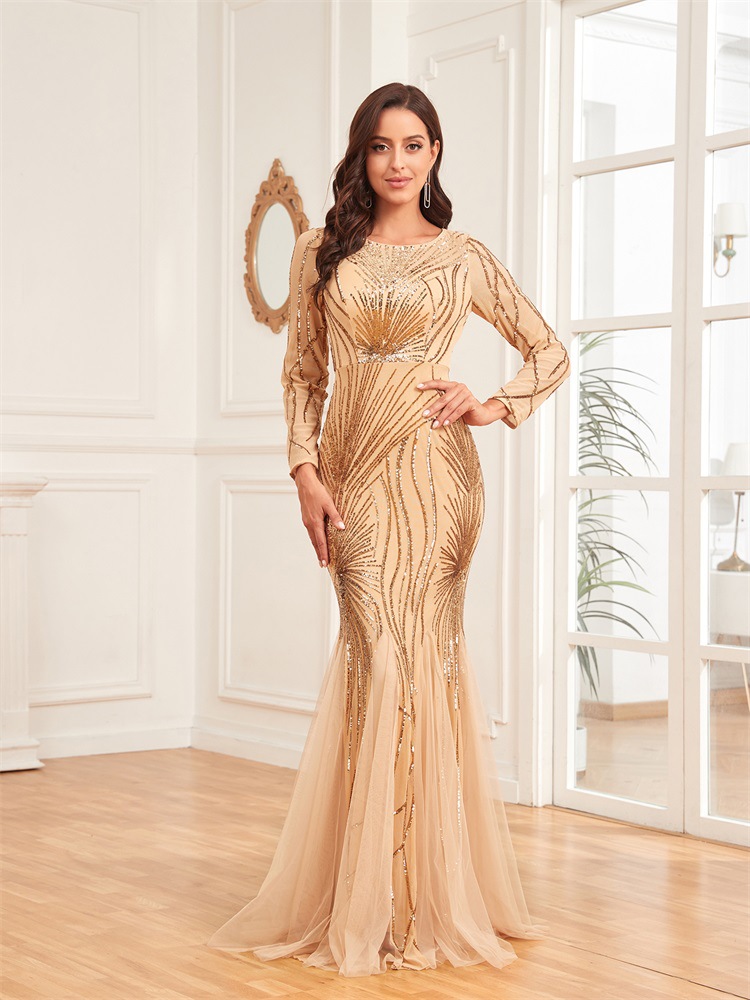 Cross-border new 2025 dress long sleeve round neck slim fishtail skirt bridesmaid banquet toast evening dress female wholesale