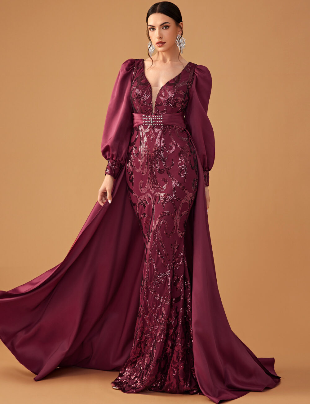 Women's Banquet Evening Dress Elegant Sequin Printed Satin Cape Lantern Sleeve Party Evening Dress - Image 3