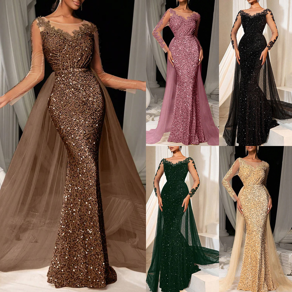 2025 Cross-border European and American ladies' ball gown long skirt temperament fashionable and elegant long lace party evening dress