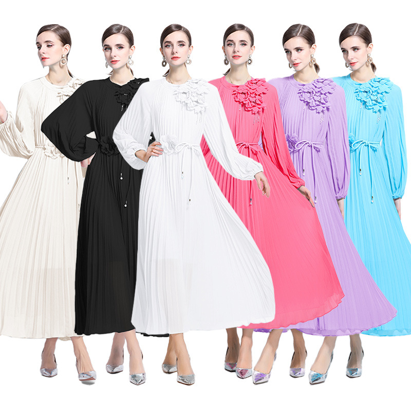 2025 French new women's long-sleeved three-dimensional floral lace-up loose fairy pleated long skirt