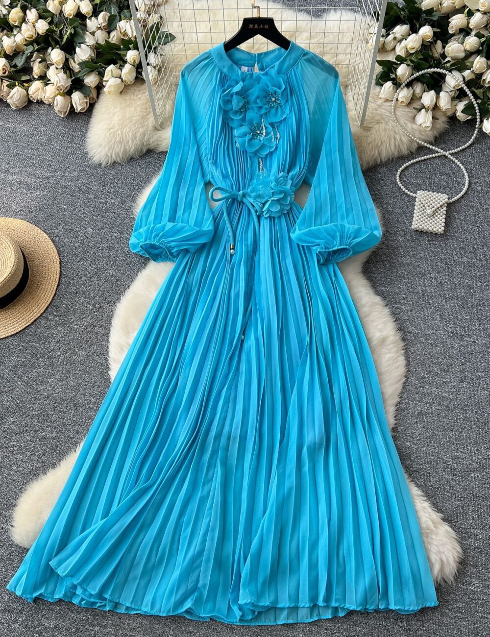 French high-end fashionable beaded three-dimensional flower lantern sleeve waist pleated dress female slim temperament long skirt - Image 6