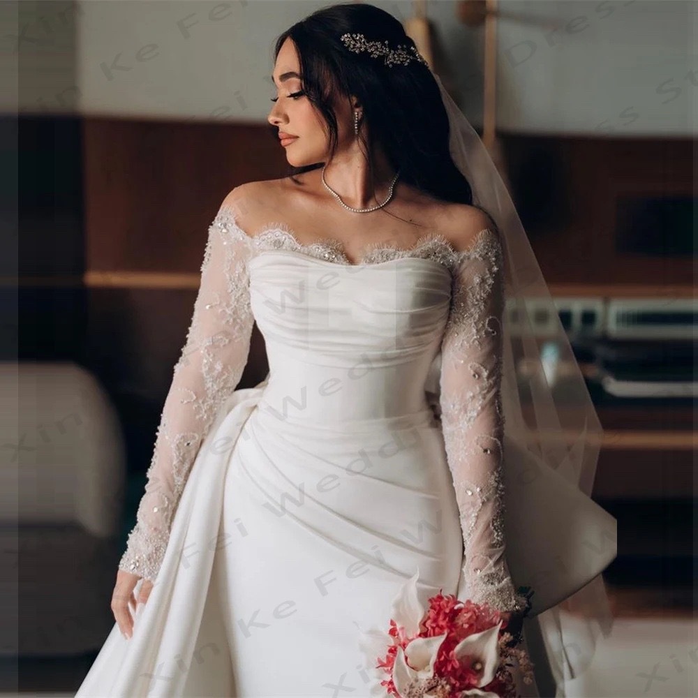 Light wedding dress, lace, long sleeves, high-end, light luxury, slim bride welcome yarn, one shoulder satin, wedding banquet evening dress