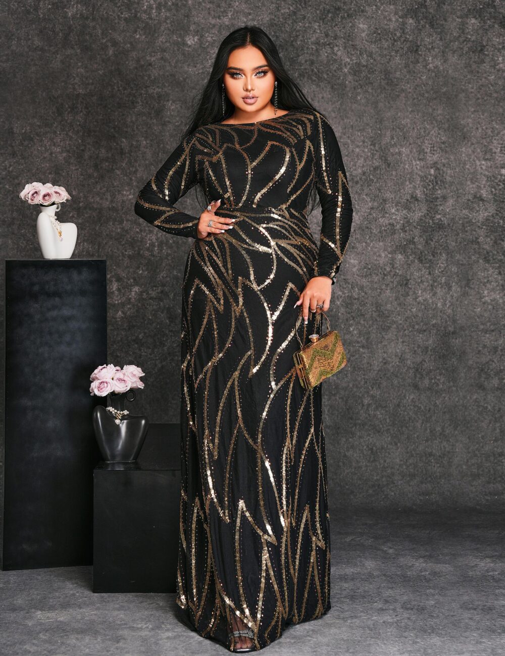 Plus Size Women's Long Sleeve Round Neck Banquet Sexy Sequin Evening Gown Dress