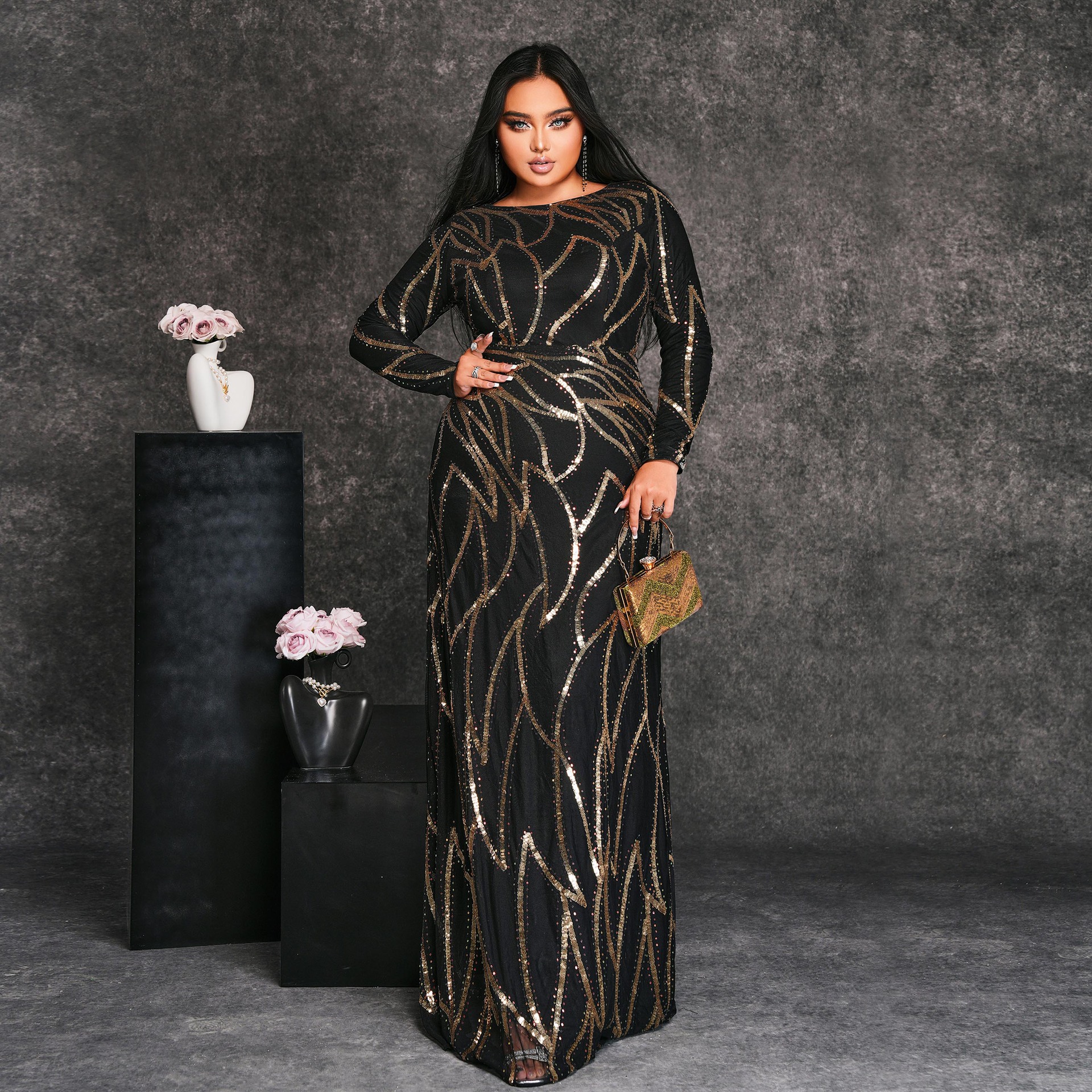 Plus Size Women's Long Sleeve Round Neck Banquet Sexy Sequin Evening Gown Dress