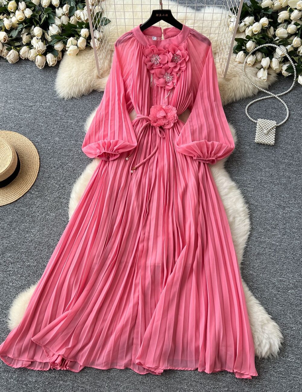 French high-end fashionable beaded three-dimensional flower lantern sleeve waist pleated dress female slim temperament long skirt