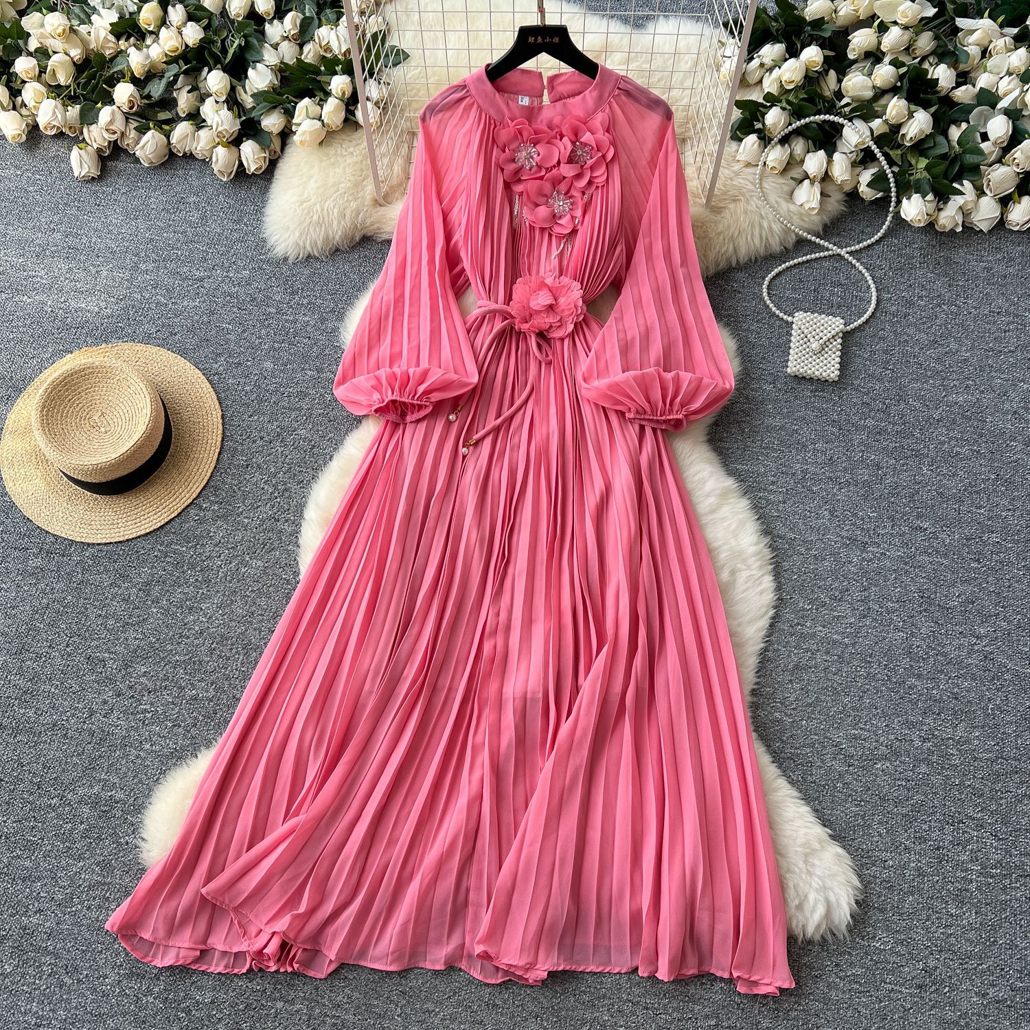 French high-end fashionable beaded three-dimensional flower lantern sleeve waist pleated dress female slim temperament long skirt