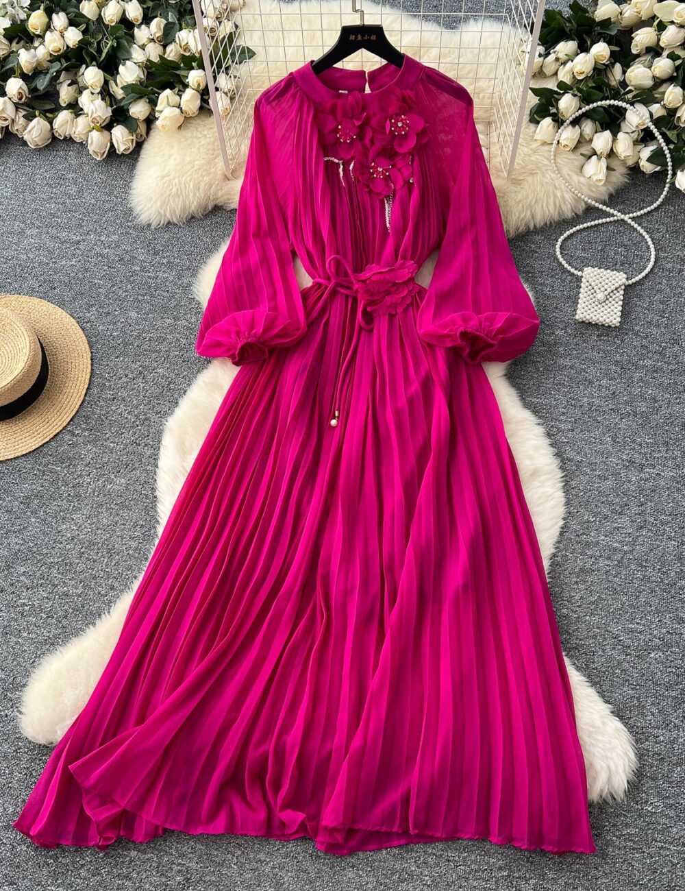 French high-end fashionable beaded three-dimensional flower lantern sleeve waist pleated dress female slim temperament long skirt - Image 3