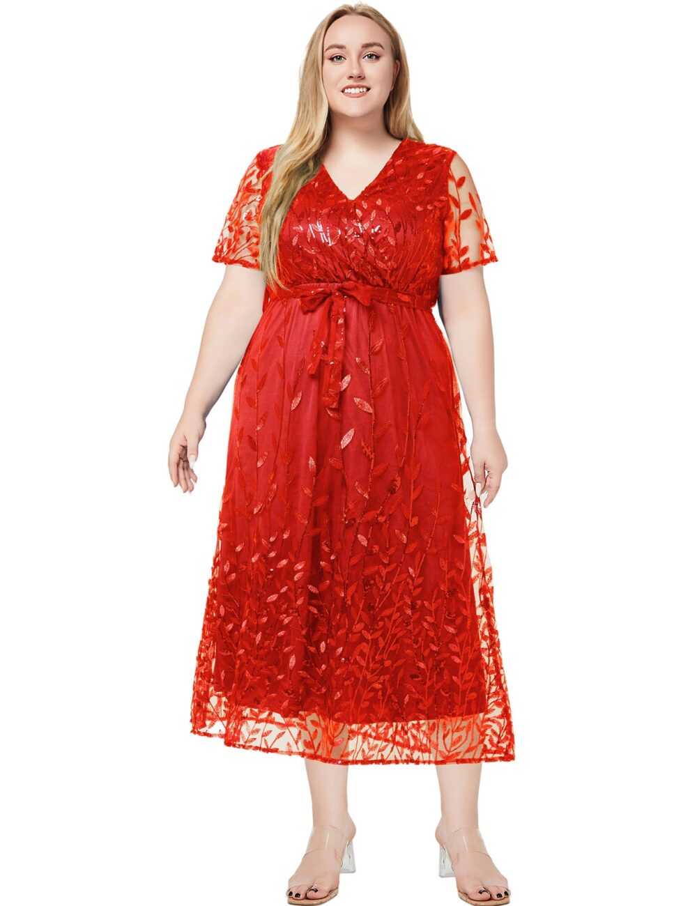 2025 European and American plus size women's summer new V-neck short-sleeved sequined bridesmaid dress - Image 2
