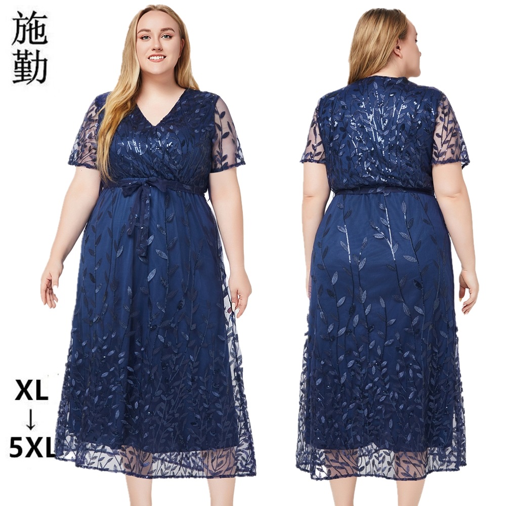 2025 European and American plus size women's summer new V-neck short-sleeved sequined bridesmaid dress