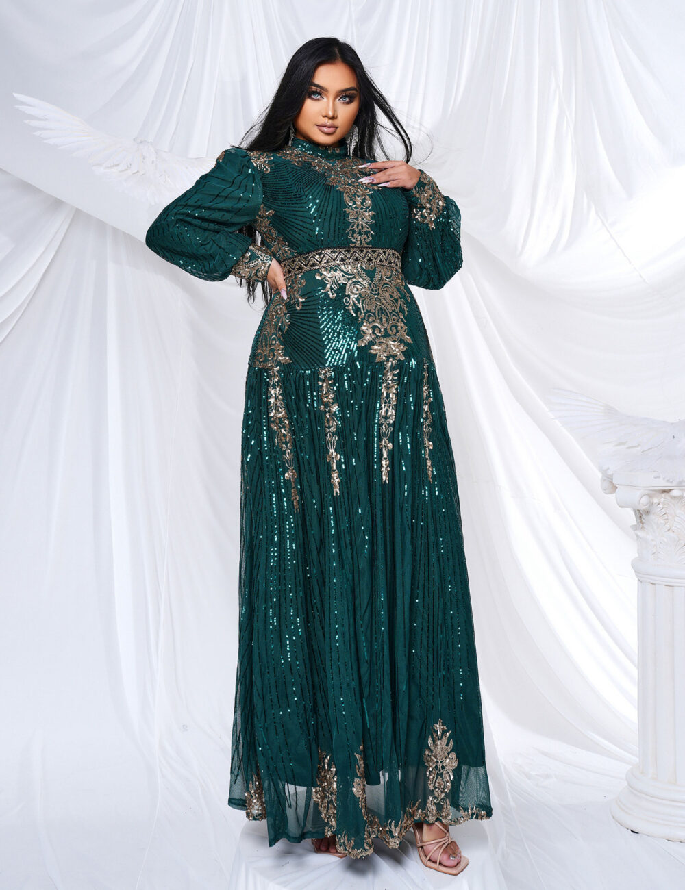 Plus-size women's long-sleeve round-neck banquet sequined swing evening dress - Image 4