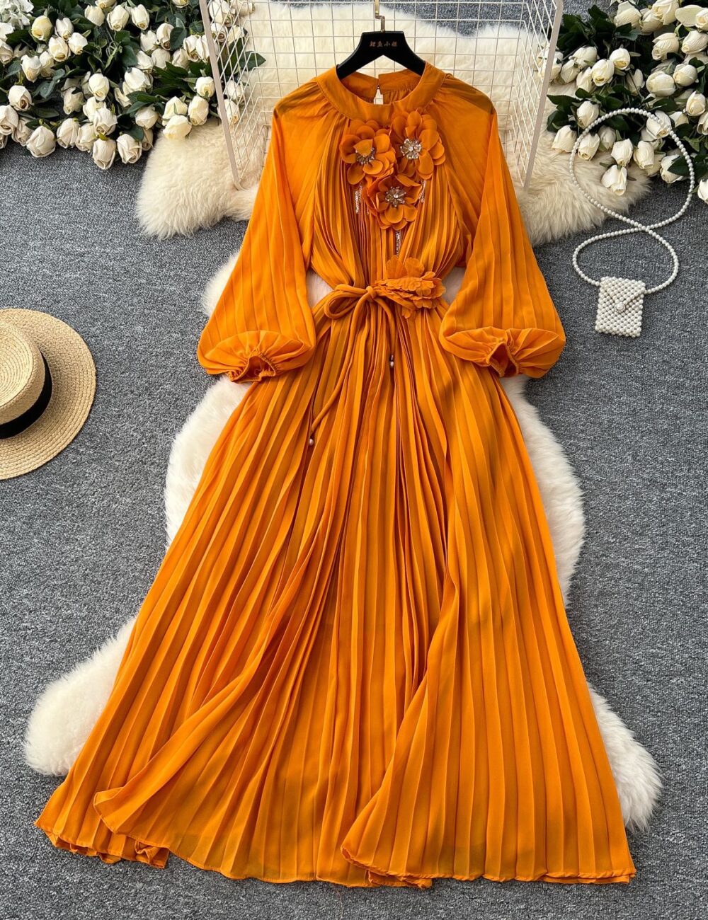 French high-end fashionable beaded three-dimensional flower lantern sleeve waist pleated dress female slim temperament long skirt - Image 7