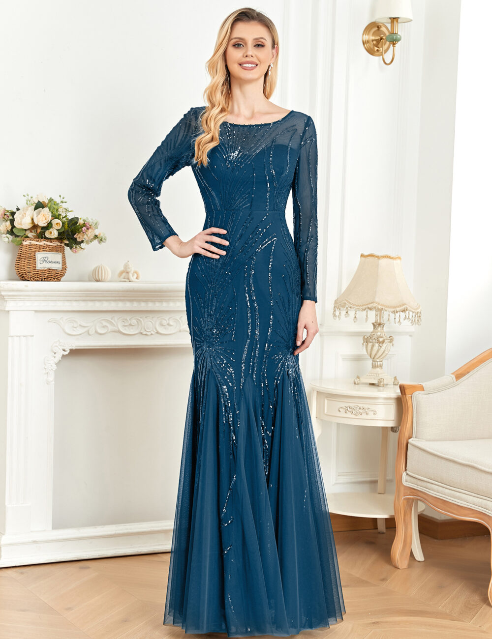 Cross-border new 2025 dress long sleeve round neck slim fishtail skirt bridesmaid banquet toast evening dress female wholesale - Image 5