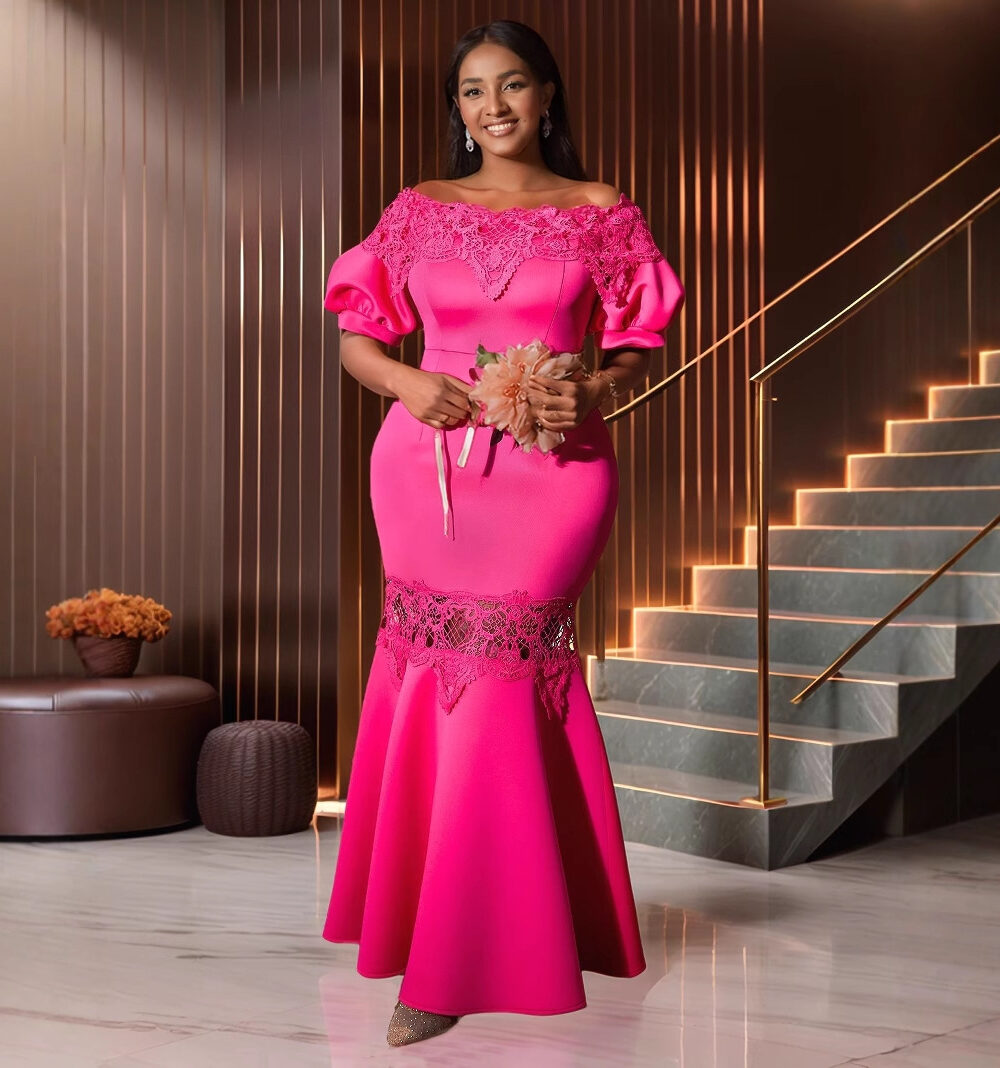 Large size elegant lace splicing off-shoulder fishtail skirt high waist slim evening bridesmaid dress Dress