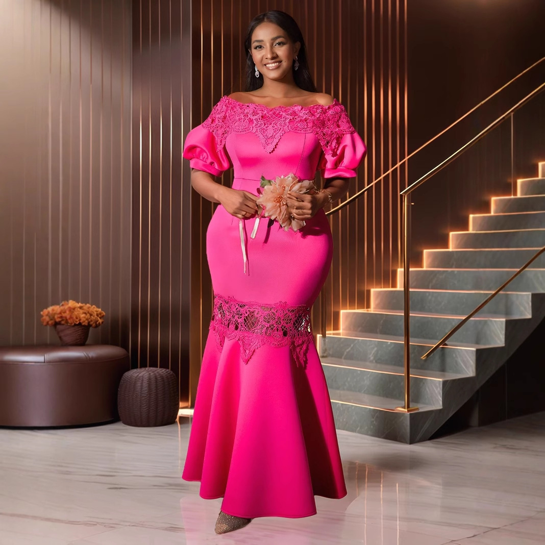 Large size elegant lace splicing off-shoulder fishtail skirt high waist slim evening bridesmaid dress Dress