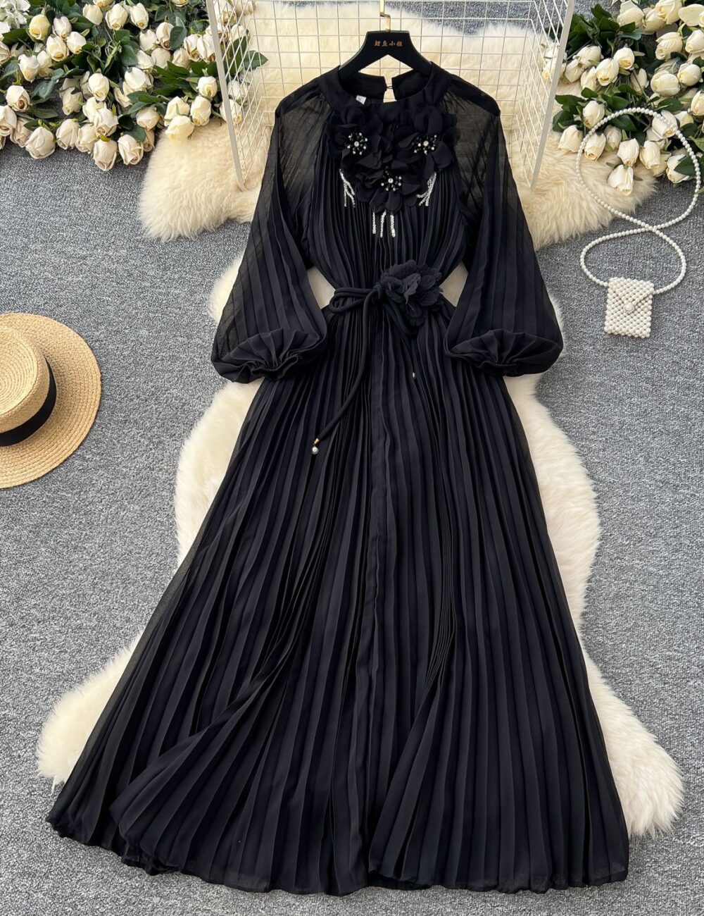 French high-end fashionable beaded three-dimensional flower lantern sleeve waist pleated dress female slim temperament long skirt - Image 5