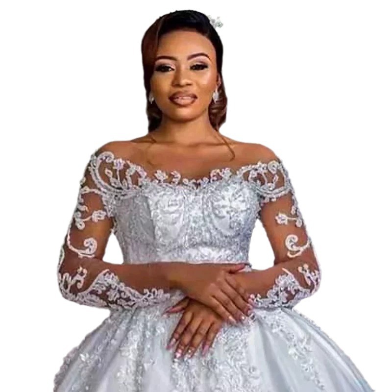 Lace Net Wedding Dress African Bride Long Sleeve Crystal Decoration Large Tail White Wedding Dress