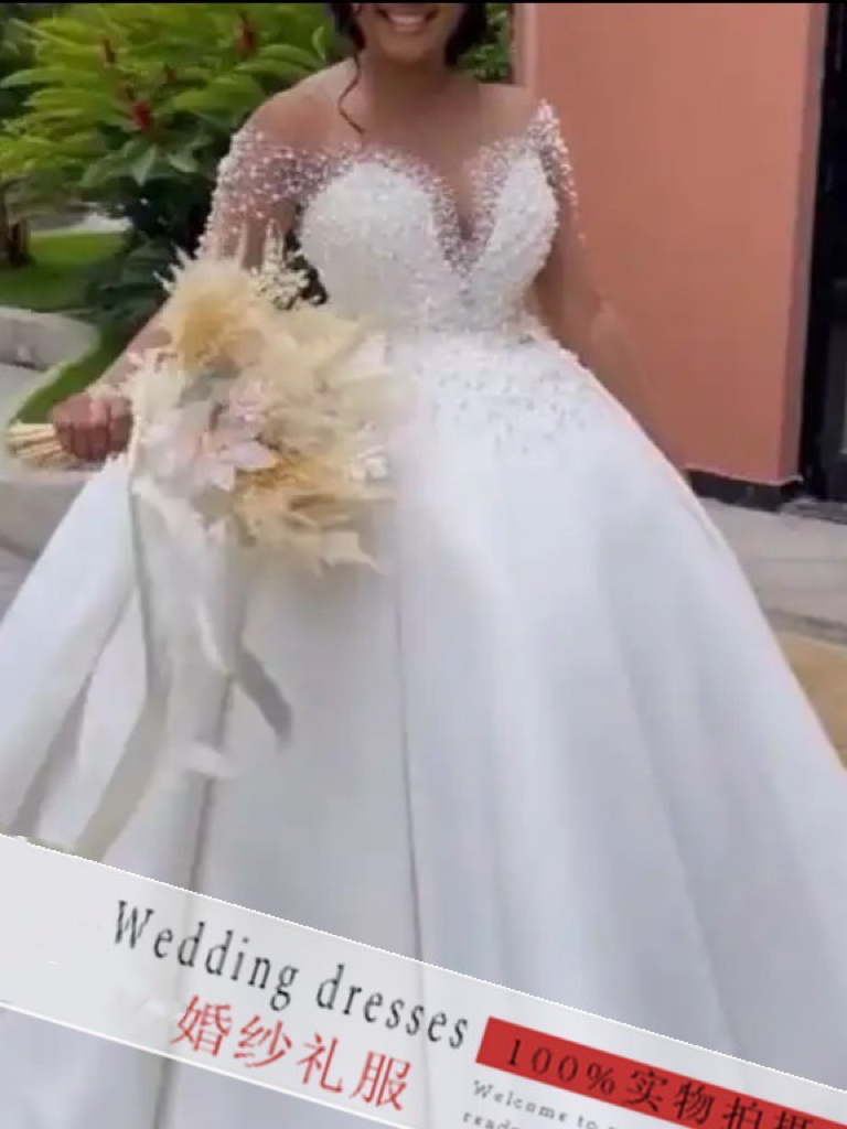 New beats wedding dress, bride wedding lace long sleeves deep V wedding dress, puffy princess dress