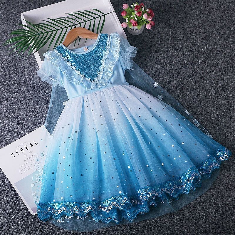 BLUE SEQUIN ELSA FROZEN DRESS WITH A CAPE SHORT SLEEVES