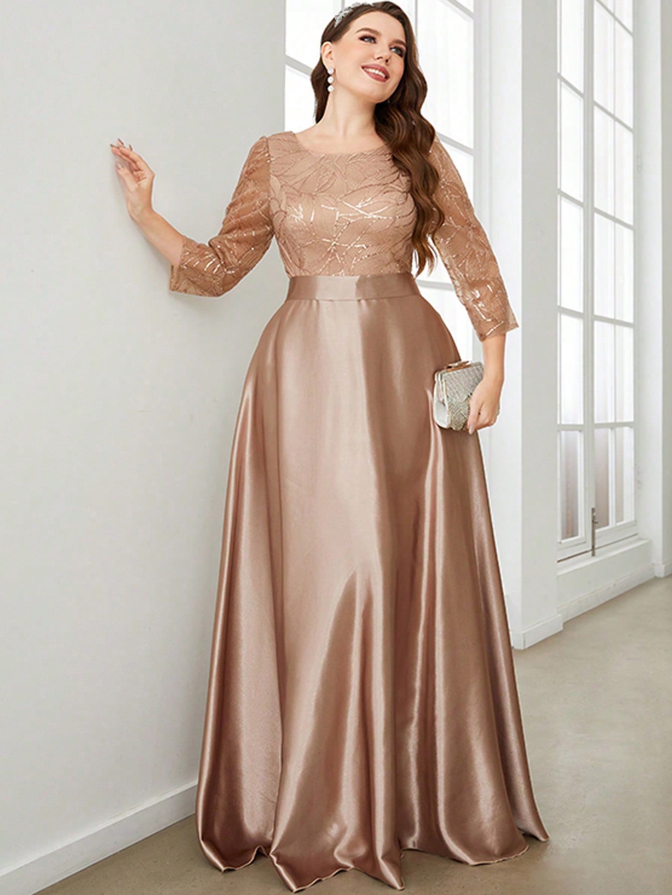 lace satin formal evening gown Champagne/pink