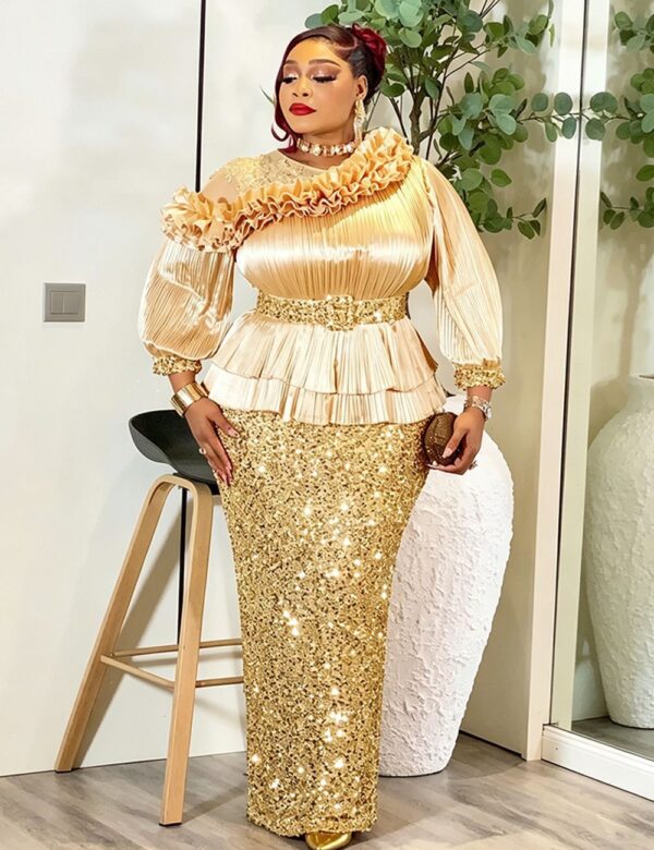 LUXURIOUS FIGURE-HUGGING DRESS FOR PLUS-SIZE WOMEN, EUROPEAN AND AMERICAN STYLE, WITH SEQUINS AND PLEATS, SUITABLE FOR AFRICAN CROSS-BORDER E-COMMERCE AND ALIEXPRESS