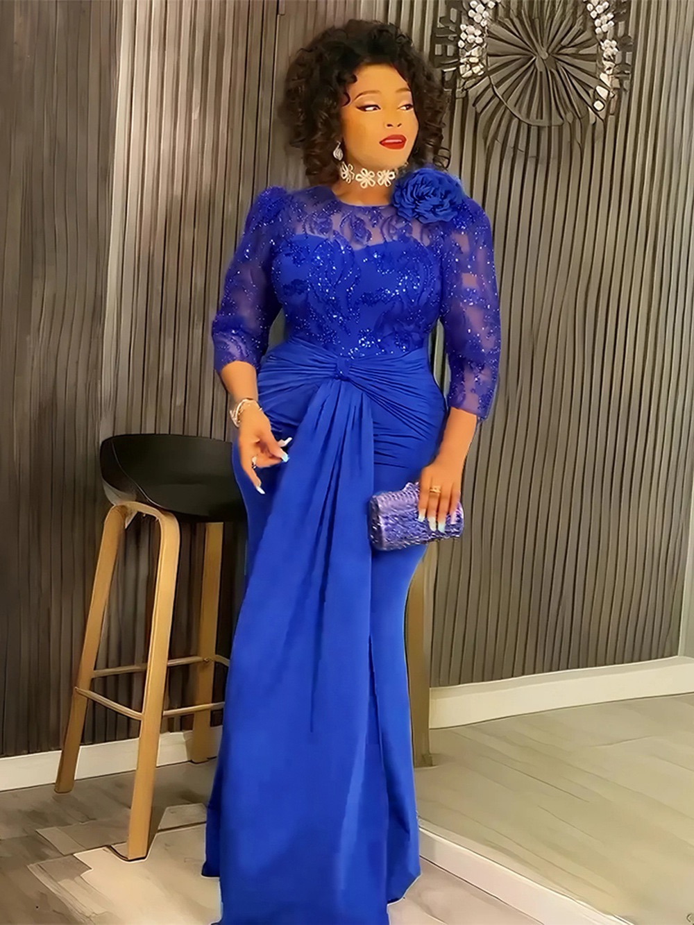 Royal Blue/ Purple Plus Size Sequin Lace Evening Gown with 3D Floral | Buy Online NZ