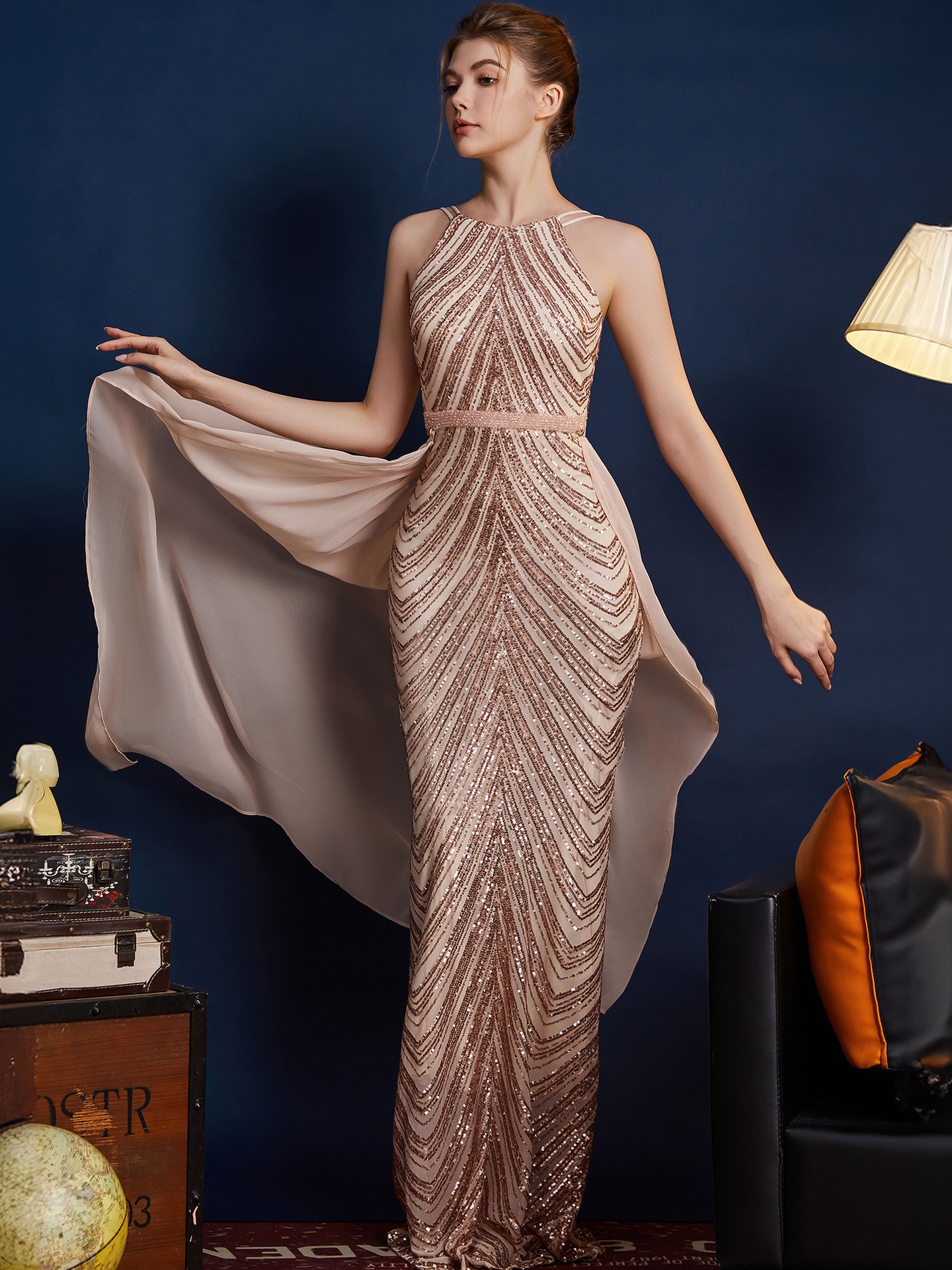EGEGANT EVENING GOWN FOR WOMEN, A NICHE LUXURY HIGH-EDN DESIGN WITH REFINED CHARM, PERFECT FOR FORMAL EVENTS-SLIM-FIT, SEQUINED, LONG-LENGTH DRESS